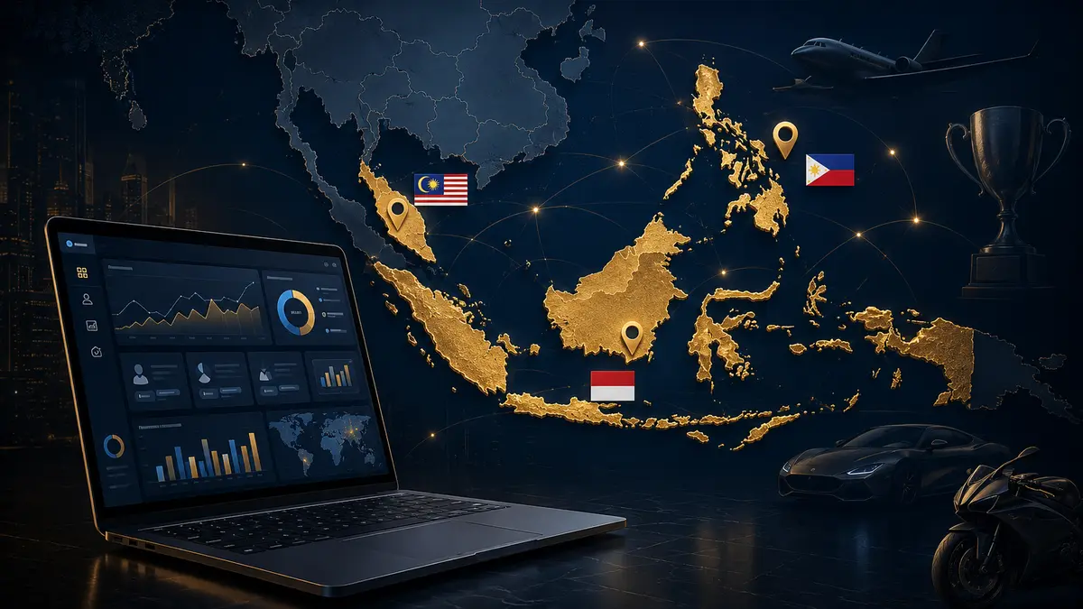 Southeast Asia map marking Indonesia, the Philippines and Malaysia for MelBet affiliate eligibility