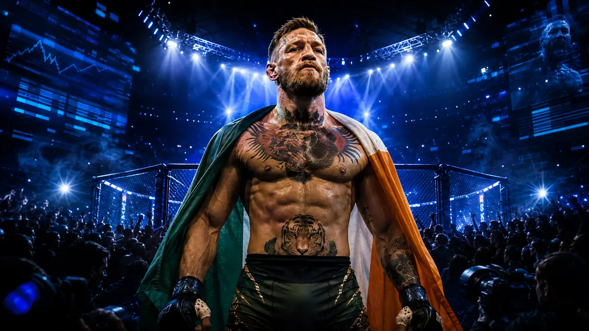 Fighter draped in the Irish flag walking into the arena, evoking Conor McGregor's UFC ring walk