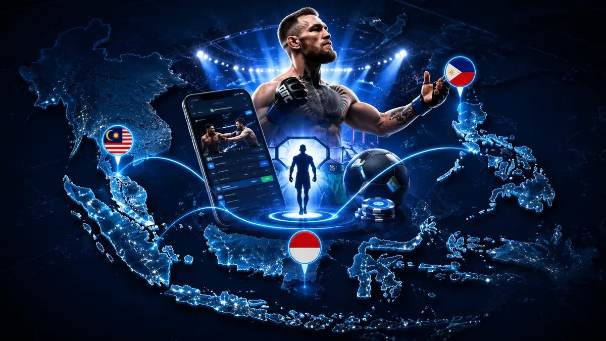 Southeast Asia map with pins on Indonesia, the Philippines and Malaysia around a betting app graphic