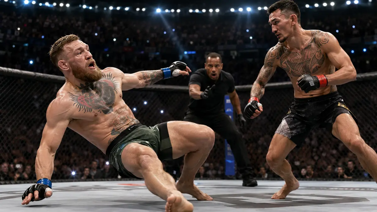 Fighter falling in the octagon during a knee injury while attacking, referee stepping in