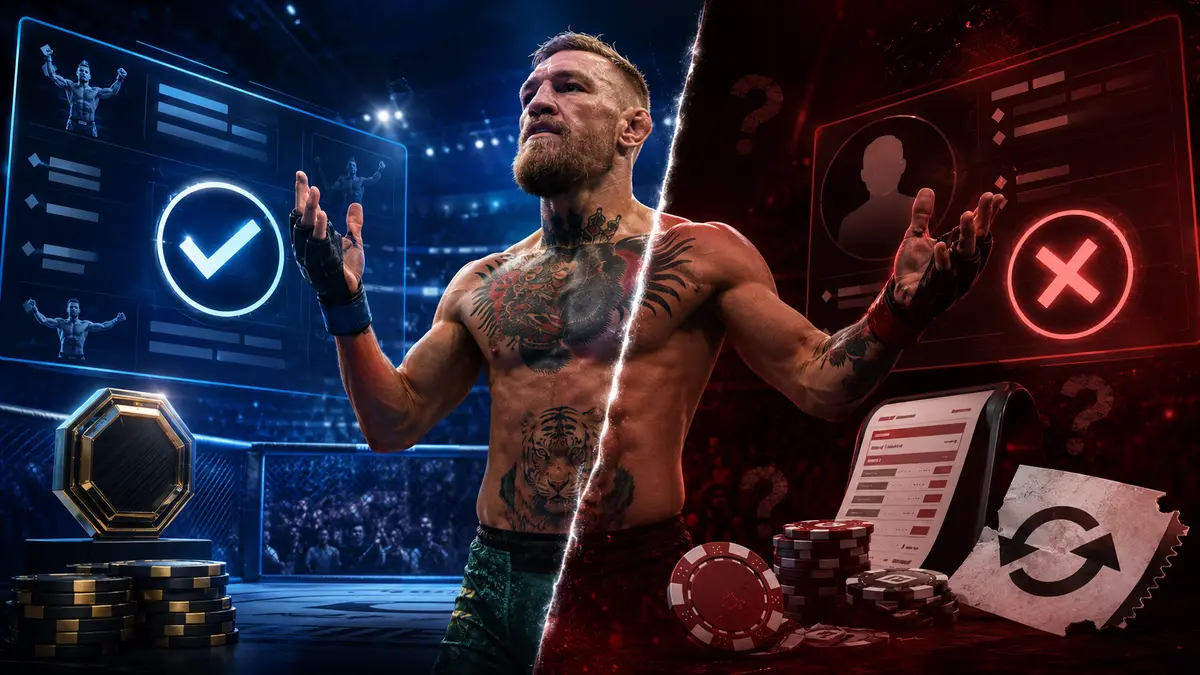 Split graphic contrasting the confirmed UFC 329 result with McGregor's disputed refund request