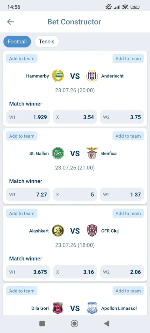 Bet Constructor open on three unrelated football fixtures at once, each with its own "Add to team" buttons.