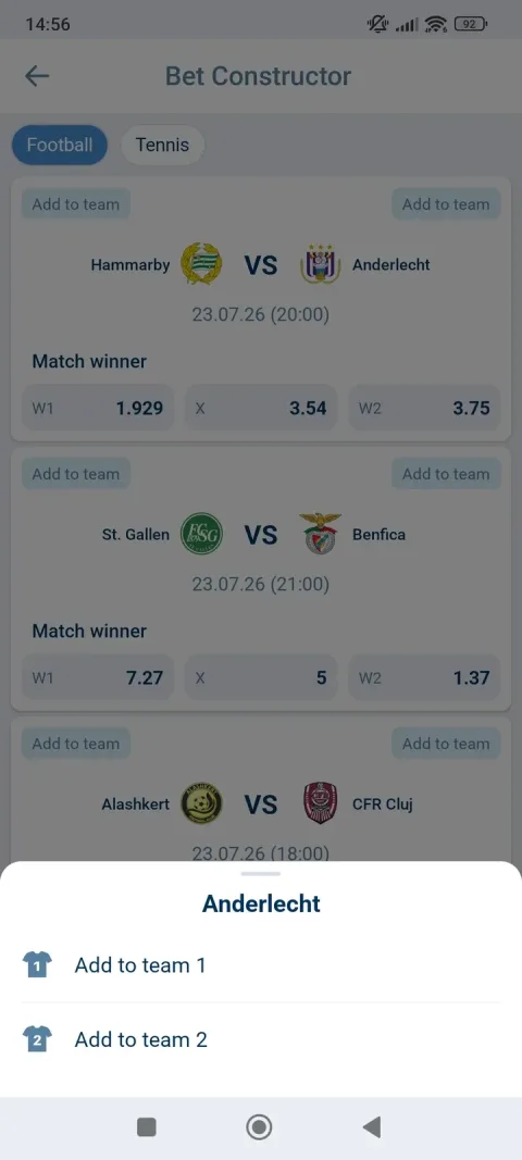 Bet Constructor - adding a pick to Team 1 or Team 2