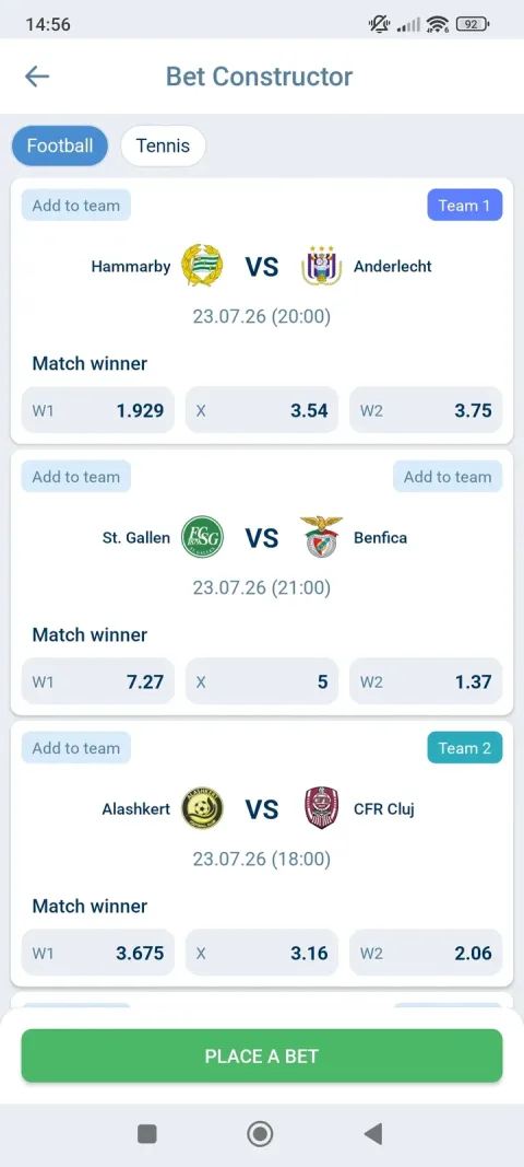 Anderlecht (from one match) sits in Team 1, CFR Cluj (from a different match) in Team 2 - two separate slips, ready to place.