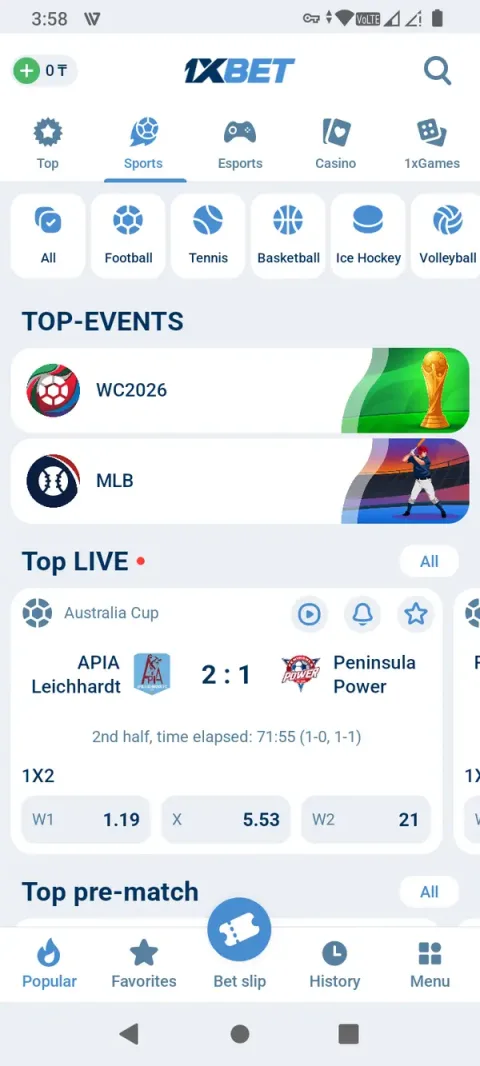 The Sports tab: a live match up top, sport shortcuts below it, bottom navigation always in reach.