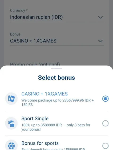 Select your country, currency and bonus