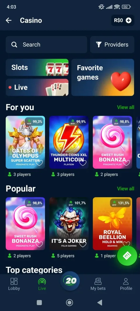 The Casino home tab, with per-game RTP and live player counts already visible on the thumbnails.
