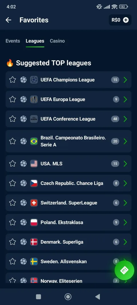 The Favorites > Leagues screen - UEFA competitions at the top, then a long list of domestic leagues by country.