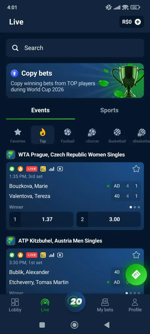 The Live tab: a "Copy bets" promo for mirroring top players, then live tennis and football with in-set/in-game scorelines.