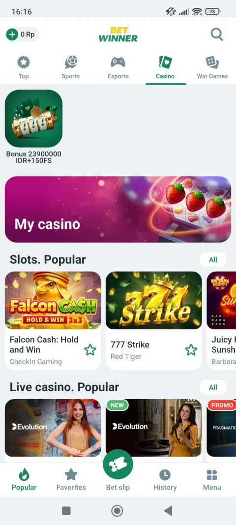 Betwinner Casino tab landing page