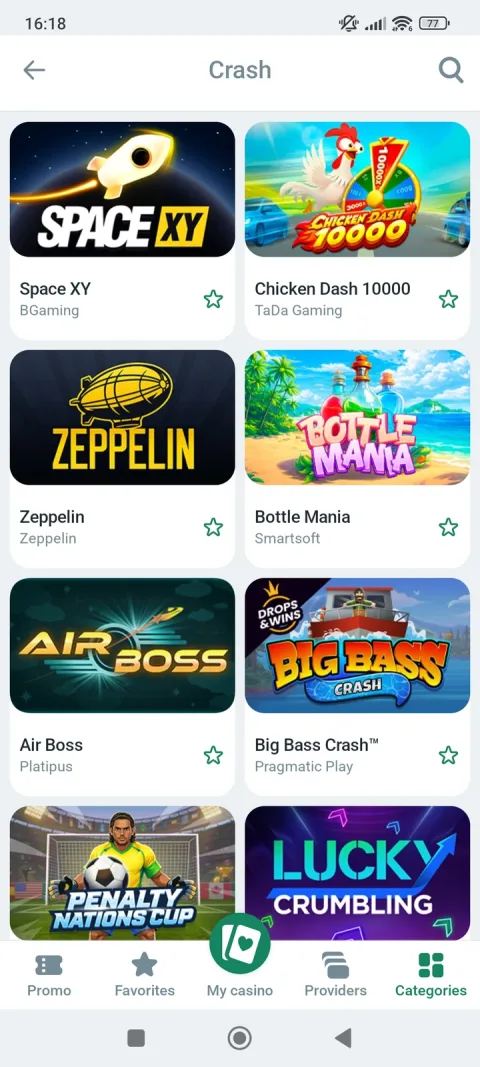 The Crash category - Space XY, Zeppelin, Big Bass Crash and similar fast-round games in one place.