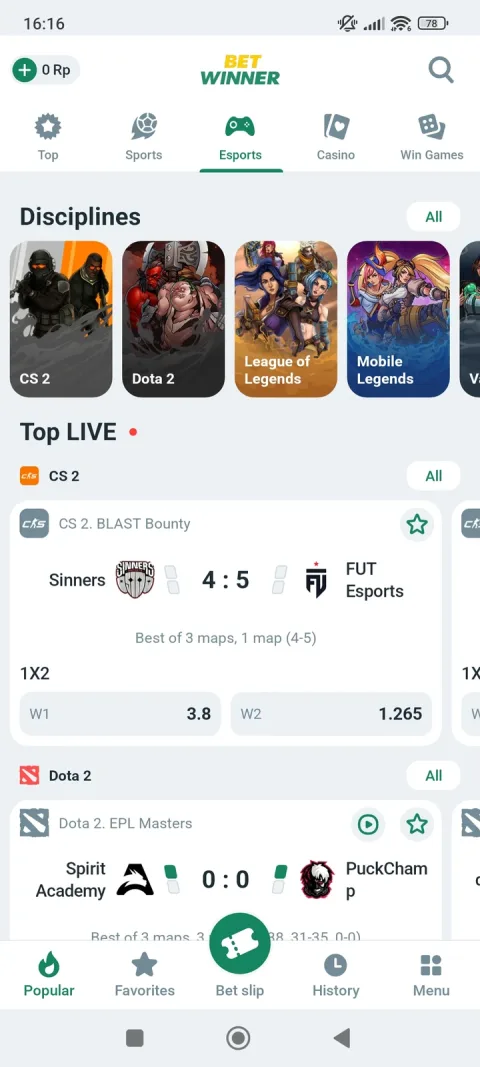Esports on Betwinner: CS 2, Dota 2, League of Legends and Mobile Legends each get their own live board, not one shared tab.