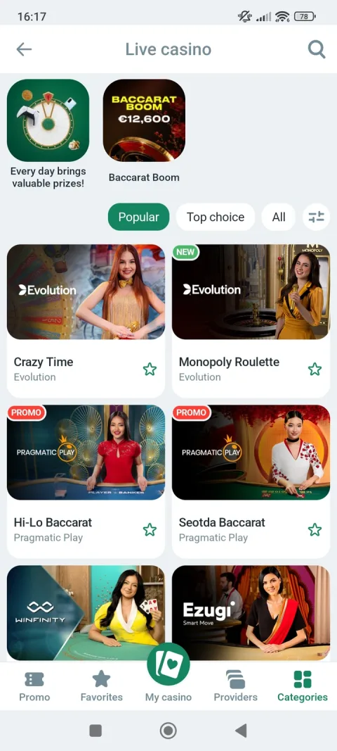 Live casino: Evolution's Crazy Time and Monopoly Roulette alongside Pragmatic Play, Winfinity and Ezugi tables.