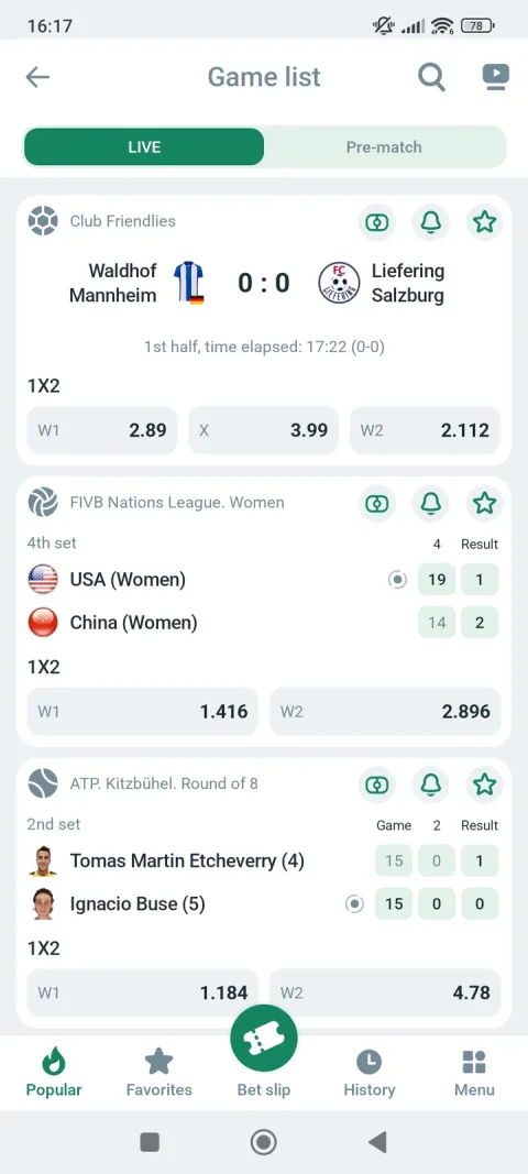 A live football match sitting above set-by-set volleyball and game-by-game tennis - live scoring detail beyond just the header.