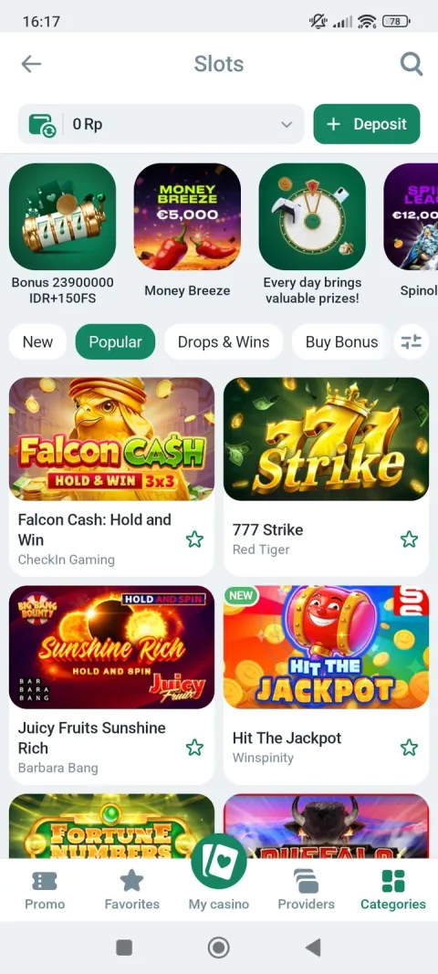 Slots, filtered to Popular - Falcon Cash (CheckIn Gaming) and 777 Strike (Red Tiger) both near the top.