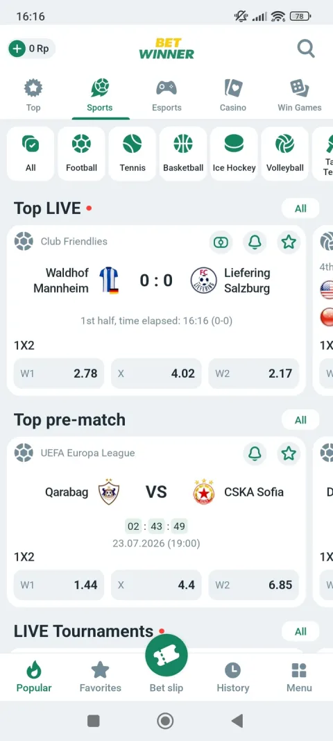 The Sports tab: live match carousel up top, sport filters below it, bottom navigation always in reach.