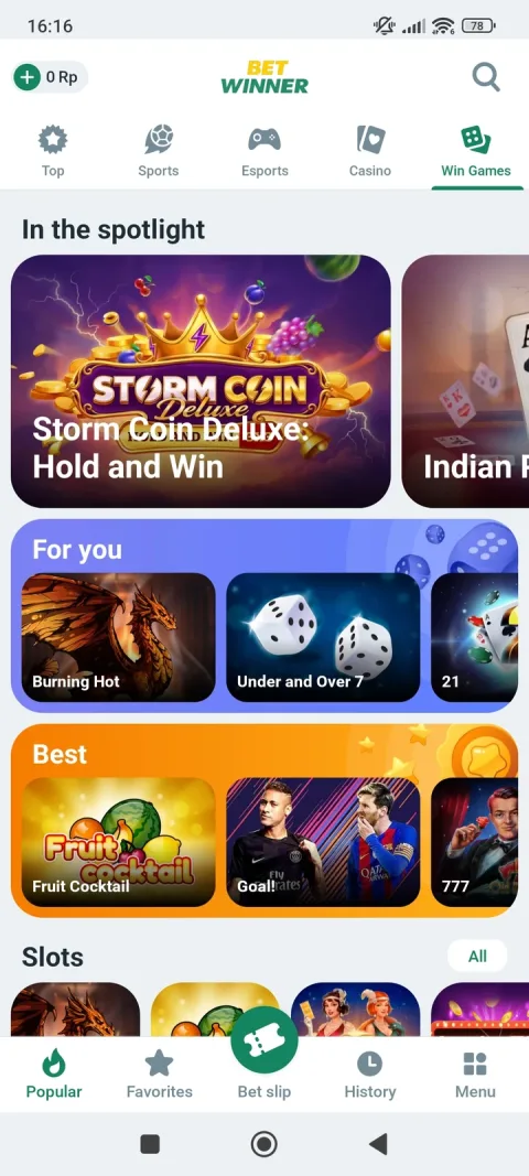 Win Games - Betwinner's own instant titles, separate from both the sportsbook and the casino.