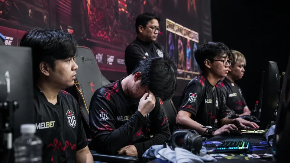 OG's players on stage during the TI 2026 group stage in Shanghai.