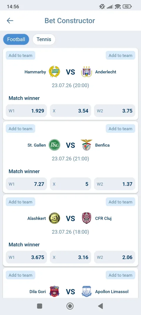 Listahan ng mga laro sa Bet Constructor ng 1xBet, may Add to team button sa bawat match.