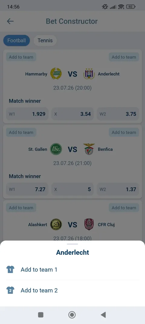 Pop-up para idagdag ang koponan sa Team 1 o Team 2 sa Bet Constructor.