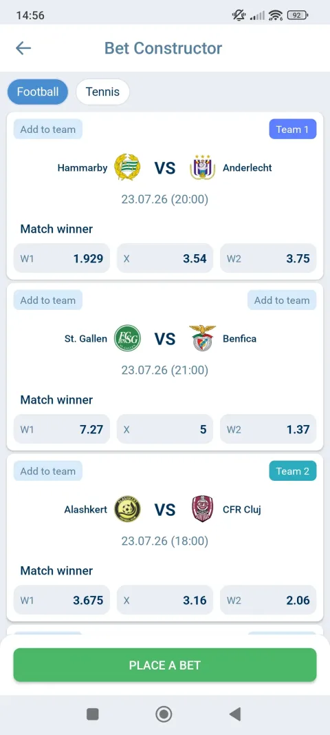 Pagkatapos mapili ang dalawang koponan, lalabas ang Place a Bet button para i-place ang combo bet.