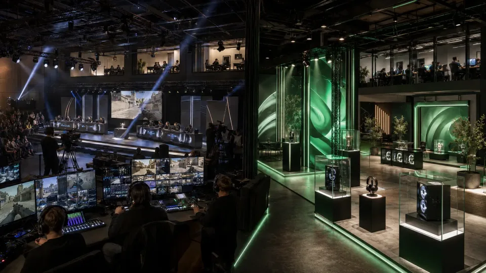 The BME broadcast stage and green room during a Stake Pulse event weekend - the same Stockholm production setup hosting Beat II's sixteen-team field.